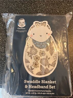 Carter's Blue, Cream and Gray Floral Swaddle Blanket & Headband Set